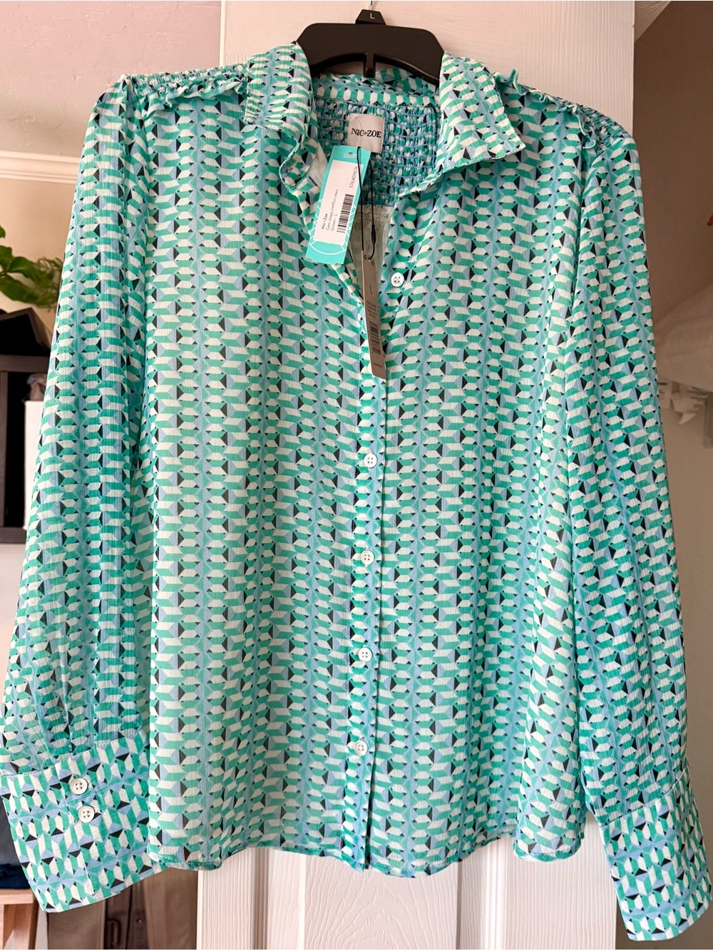 NIC+ZOE Mint Geometric Button-Down Shirt L NWT